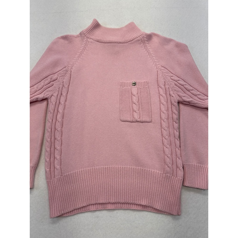 Vintage Lord & Taylor Pink Cable Knit Cotton Mock Neck Sweater Medium Pocket